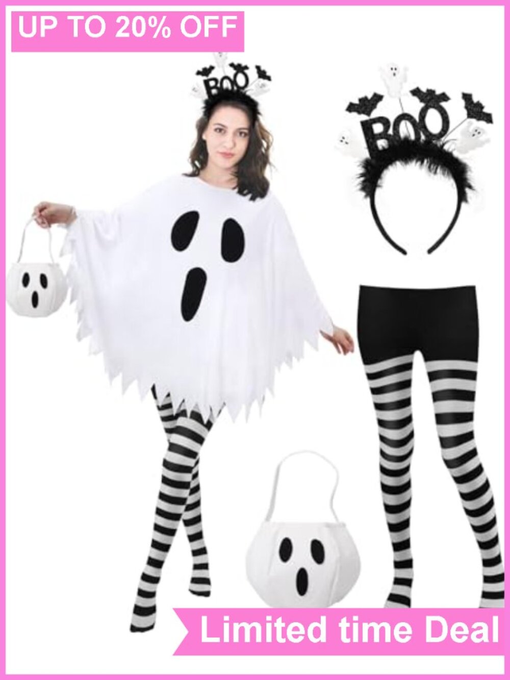 Ghost Costume Women 4 PCS Poncho Headband Tights Candy Bag Halloween